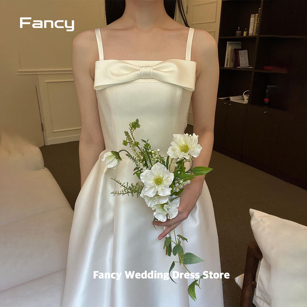 Fancy Elegant Soft Korea Satin Wedding Dress Photo Shoot Square Neck Sleeveless