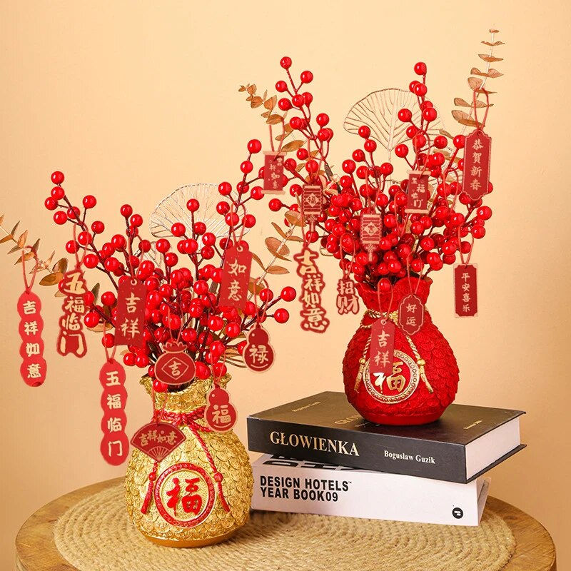 Thumbnail: 2024 Chinese New Year Decoration Red Fortune Fruit Artificial Golden Eucalyptus