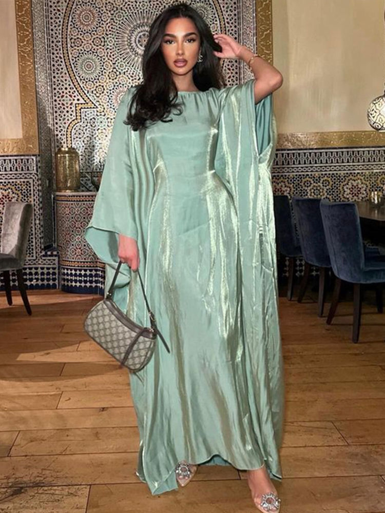 Miniaturebillede: Fashion Glossy Gauze Muslim Kimono Abaya O-neck Maxi Robe Women 2024 Spring Sum