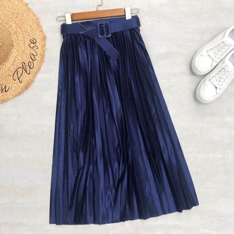 Seoulish 2023 New Solid Elegant Stain Women's Pleated Skirts with Belted High W