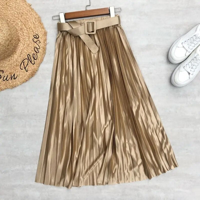 Thumbnail: Seoulish 2023 New Solid Elegant Stain Women's Pleated Skirts with Belted High W