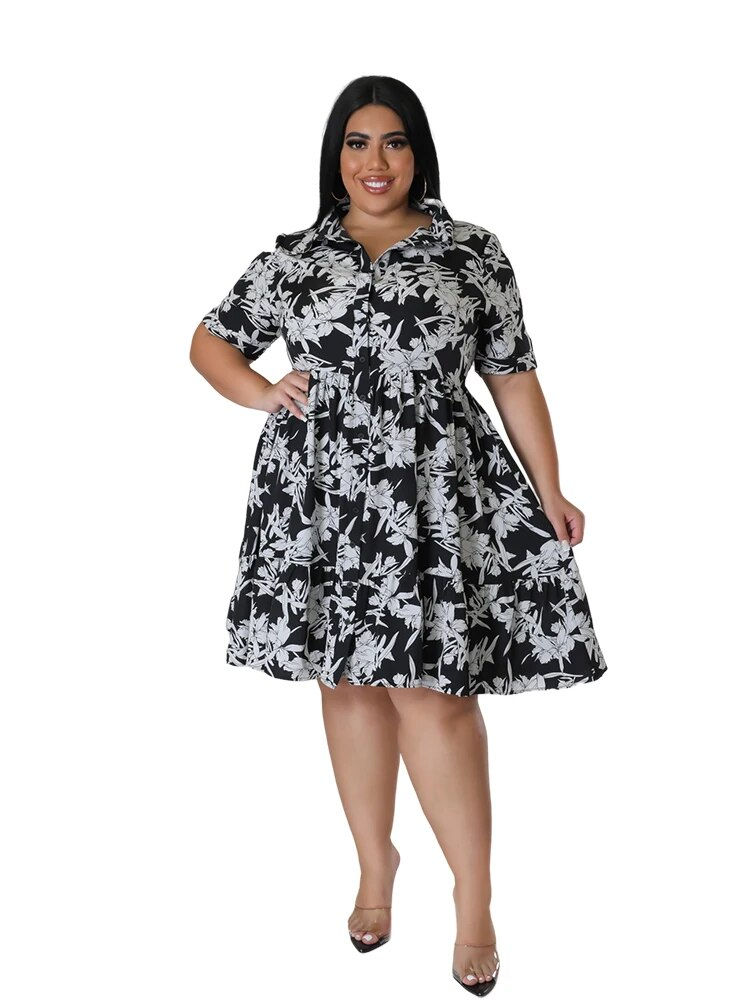 Thumbnail: Plus Size Midi Dress Women Floral Print  Female A Line Elegant  Spring Summer S