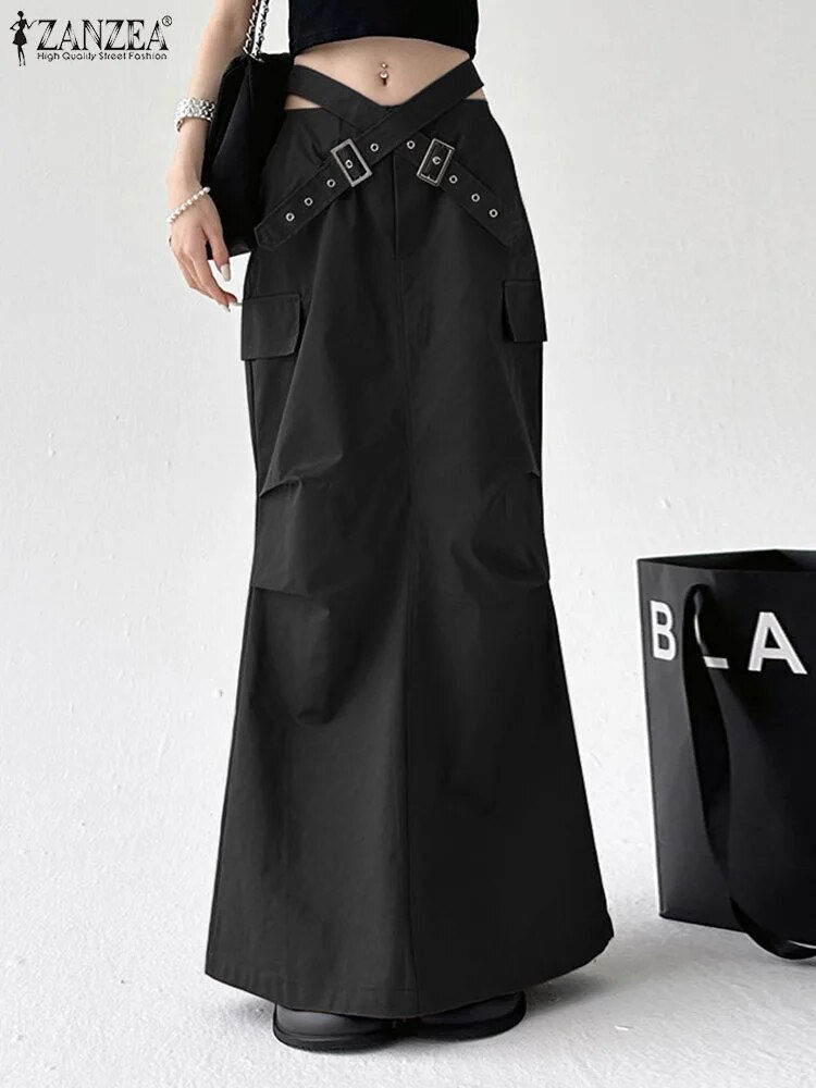 섬네일: ZANZEA Holiday Solid Wrapped Maxi Skirt Y2K Women Cargo Skirts Fashion Multi-Po