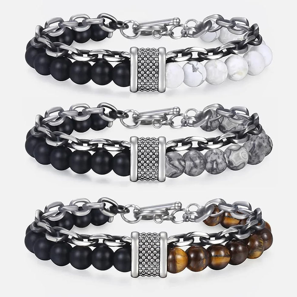 Thumbnail: New 2020 Men's Tiger Eye Stone Beaded Bracelet Stainless Steel Gunmetal Link Ch