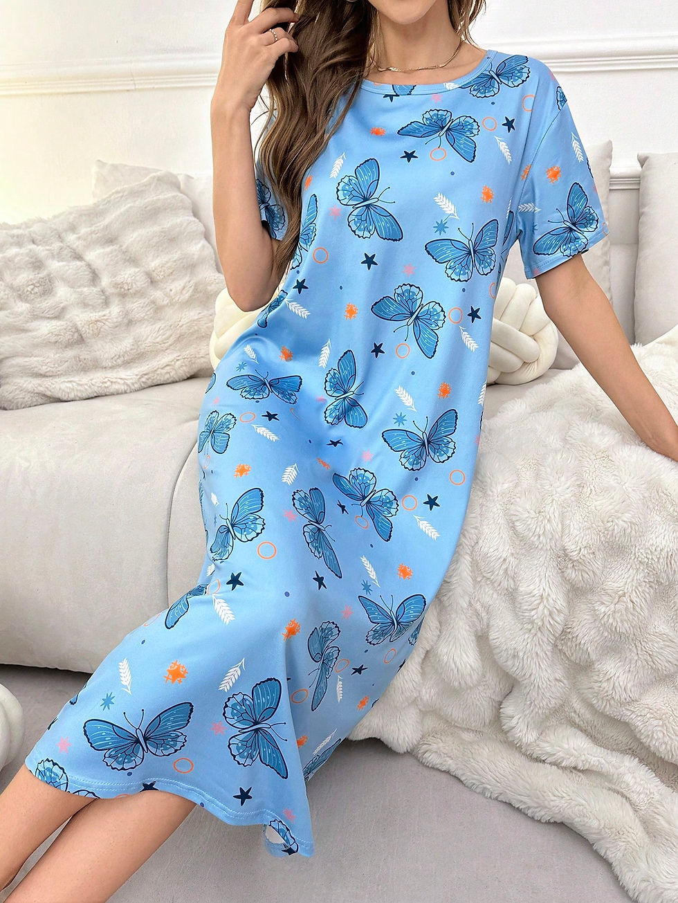 תמונה ממוזערת: Ladies' Stylish Summer Loose And Comfortable Long Butterfly Printed Pajama Nigh