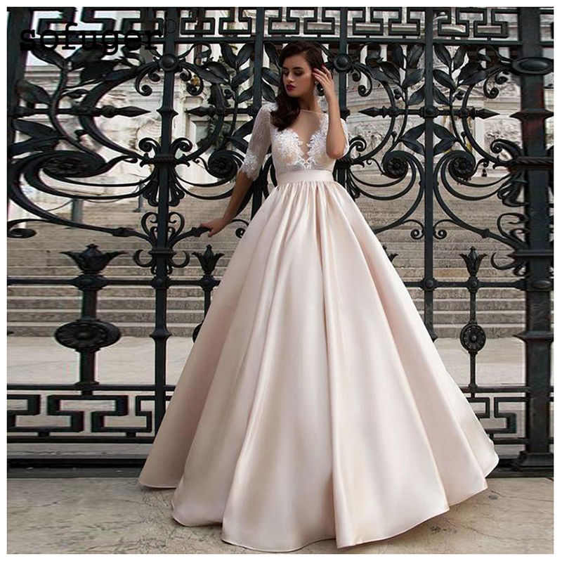 Miniature : Elegant Satin Wedding Dresses With Pocket Vestidos Noiva Lace Half Sleeves Brid