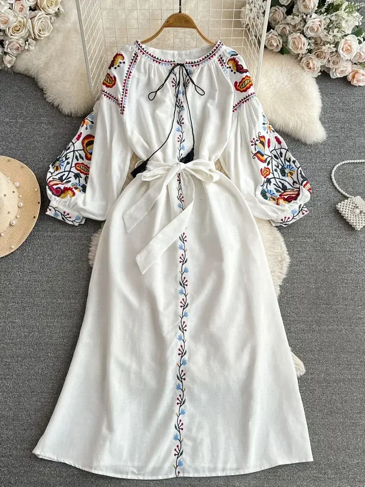Thumbnail: Women Spring Autumn Dress Vintage Ethnic Style Lantern Long Sleeve Embroidered 
