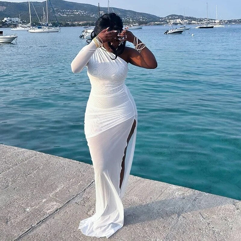Miniaturebillede: CUTENOVA Women Slash Neck one Shoulder Patchwork Mesh Dress Low waist sheer Sex