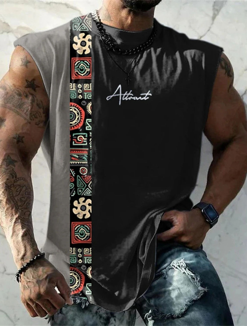 Thumbnail: Summer New Men's Vest T Shirt Patterned Tribal Round Neck Clothing Daily Fitnes