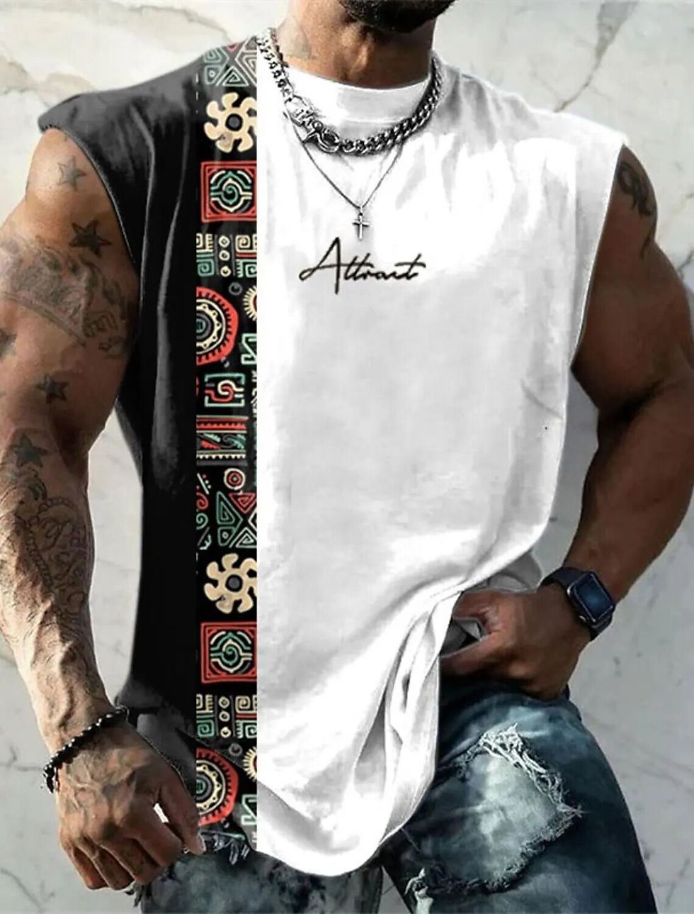 Thumbnail: Summer New Men's Vest T Shirt Patterned Tribal Round Neck Clothing Daily Fitnes