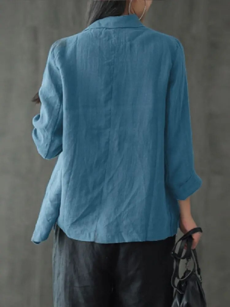 Thumbnail: ZANZEA Women Lapel Neck Long Sleeve Blazer Autumn Vintage Casual Solid Cotton B
