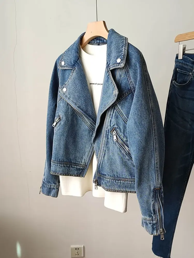 Fitaylor Spring Autumn Women Denim Jacket Casual Lady Moto Biker Coat Vintage L