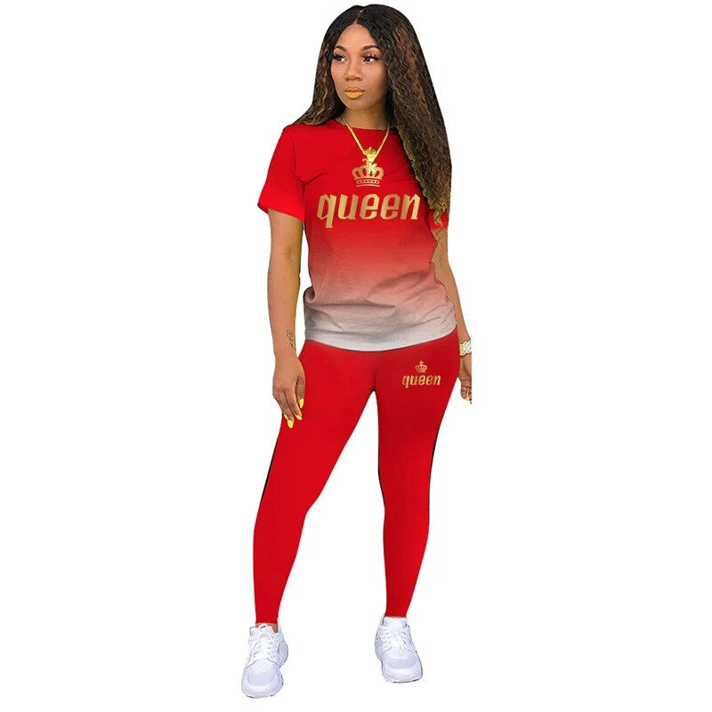 תמונה ממוזערת: Summer Two Piece Outfits For Yoga Fitness Athletic Sets Printed Gradient T Shir