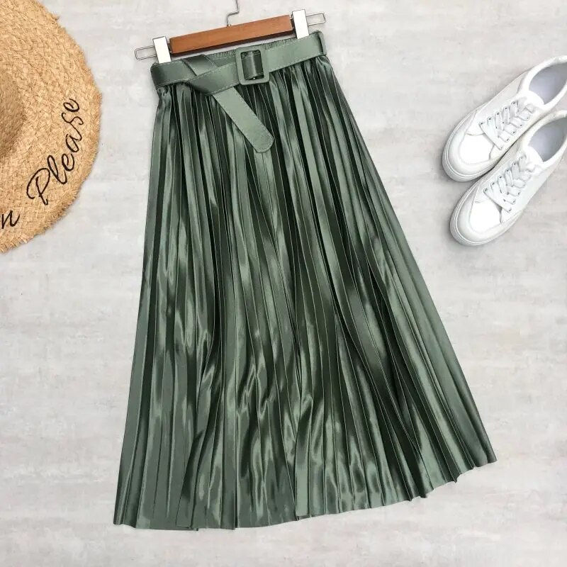 Thumbnail: Seoulish 2023 New Solid Elegant Stain Women's Pleated Skirts with Belted High W