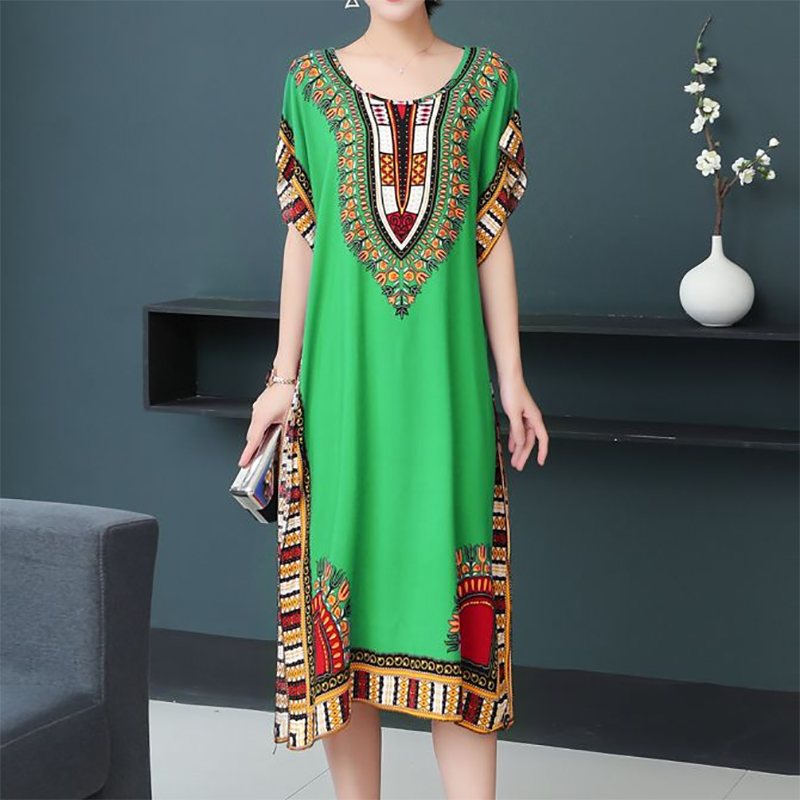 Imej kecil: Elegant Retro Women's O-Neck Straight H Dress Ethnic Printed Short Batswing Sle