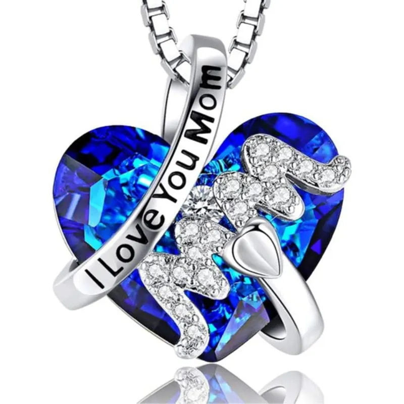 Thumbnail: Luxury Fashion "Mom" Pendant Necklace Red Blue Heart Crystal Jewelry Ladies Ann