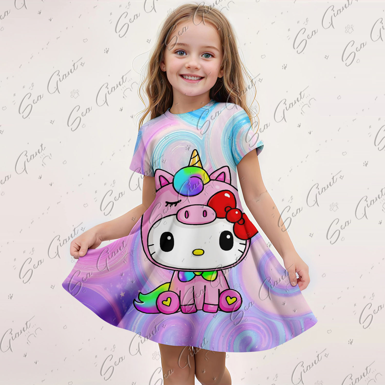 New Summer Girls Dress Fashion Cartoon Cute Japanese Hello Kitty 3D Print Dress