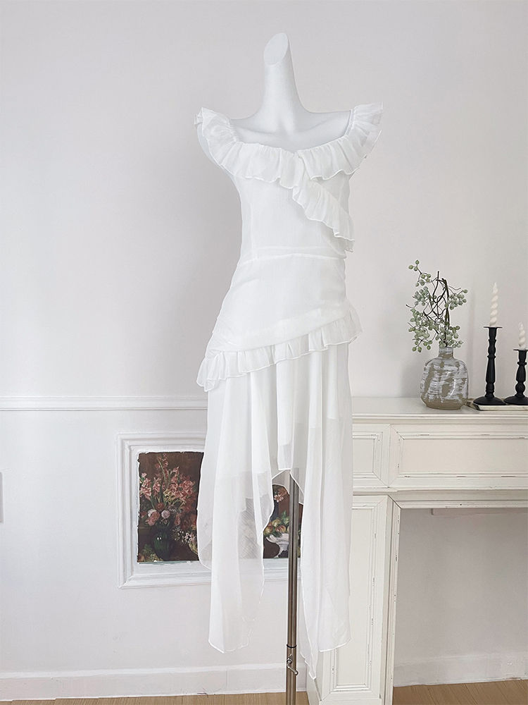 섬네일: Women's White A-line Dress Vintage Sleeveless Square Collar Mini Dresses Y2k El
