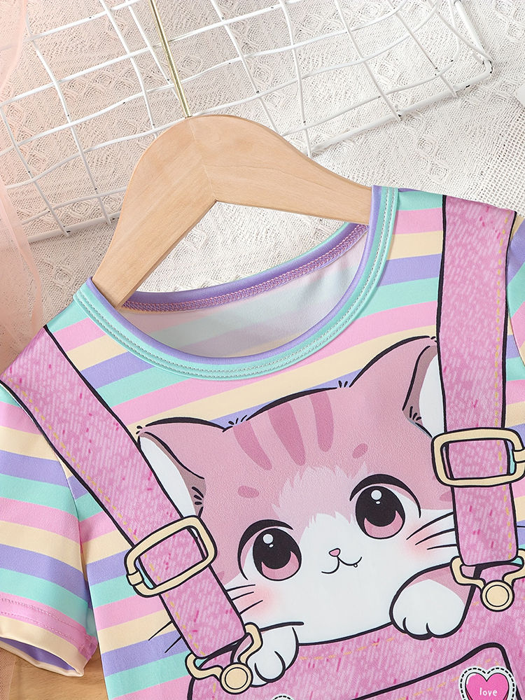 Thumbnail: Girls Cute Cat Print Striped Casual Vacation Outing T-Shirt Dress