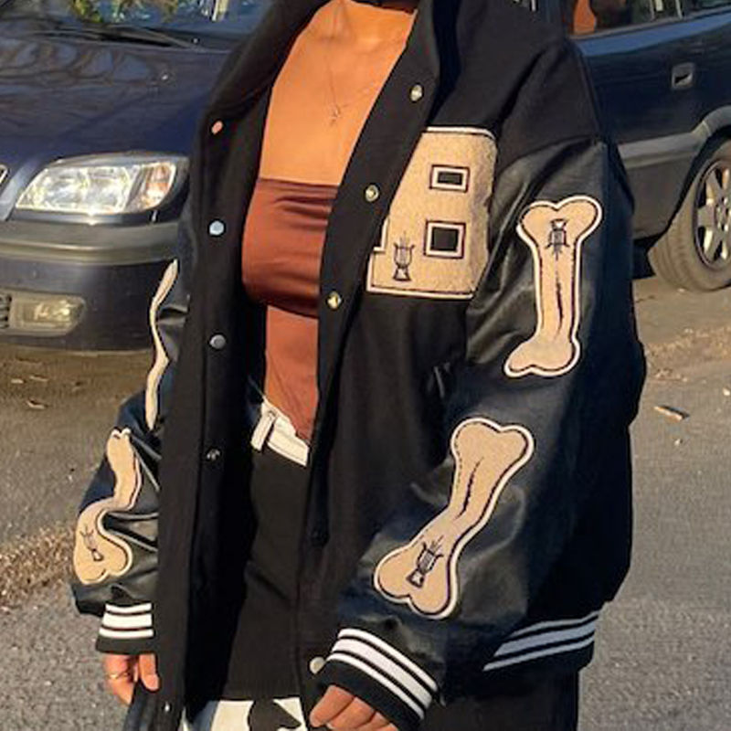 Varsity Baseball Bomber Jacket Women Hip Hop Harajuku Bone Letter Patchwork Lea