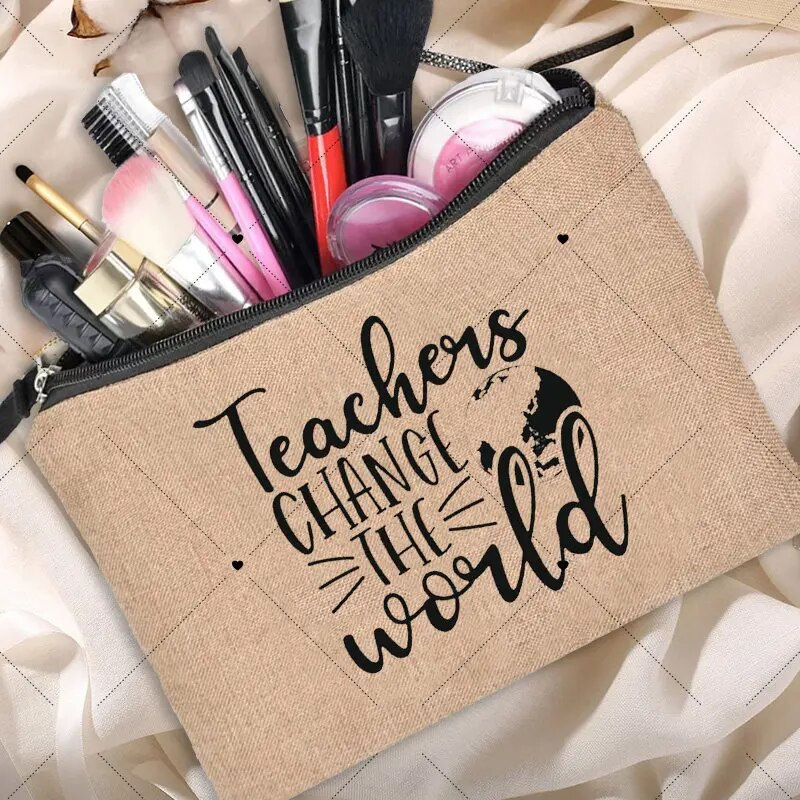 Thumbnail: Teacher Change The World Linen Pouch  Neceser Makeup Bag Travel Toiletry Organi
