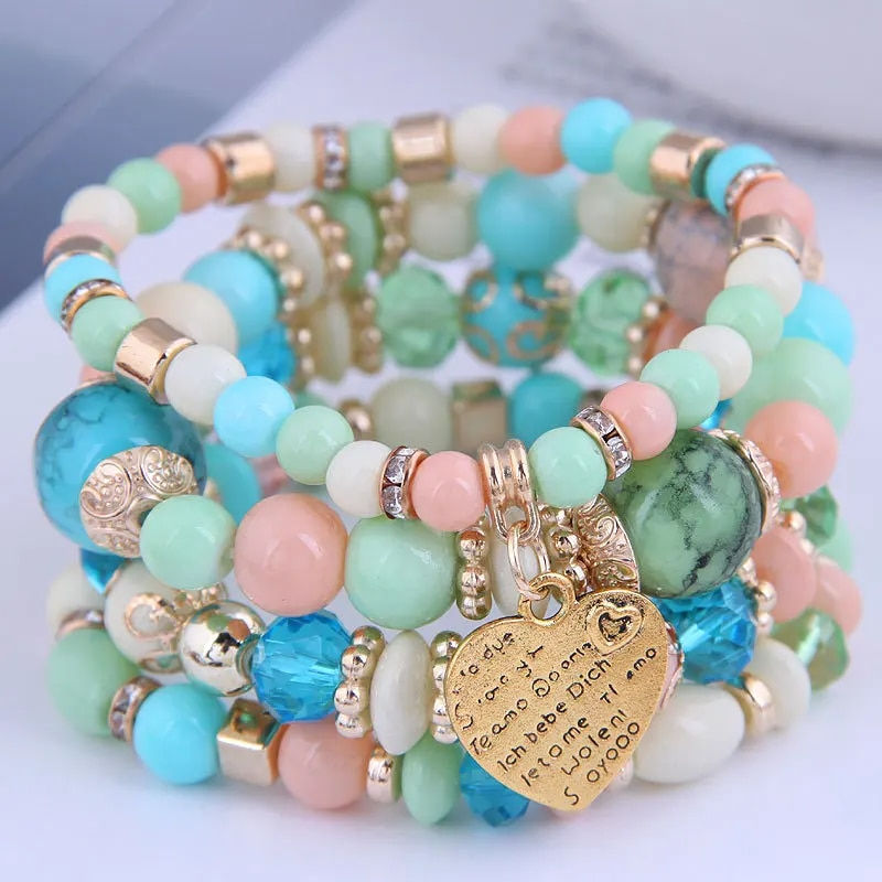 Thumbnail: New 4-piece/set Bohemian Love Pendant Crystal Beaded Bracelet Retro EthnicBrace