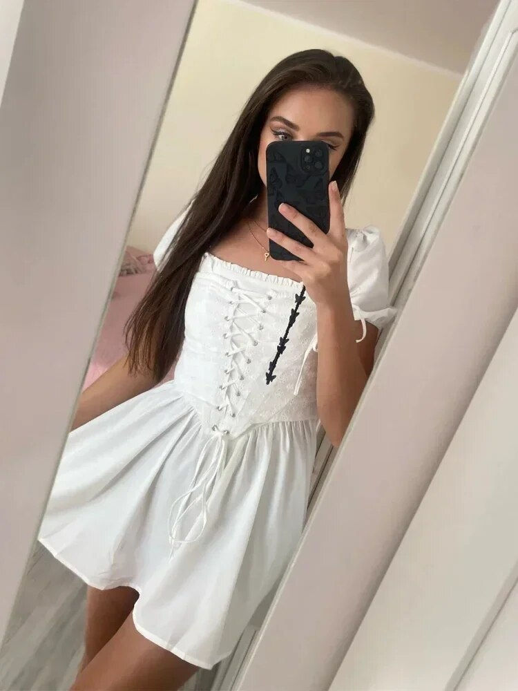 Miniatura: Suninheart Summer Blue Puff Sleeve Corset Dress Mini Elegant A Line Lace Up Hol