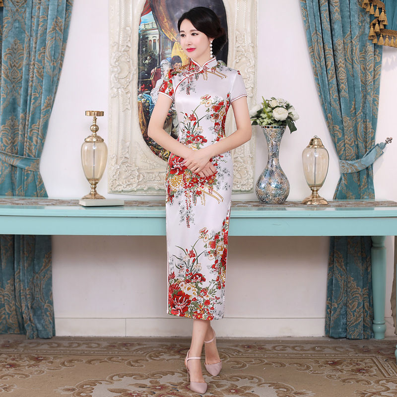 Thumbnail: Sexy Red Flower Print Cheongsams Long Qipao Lady Elegant Vestidos Improved New 