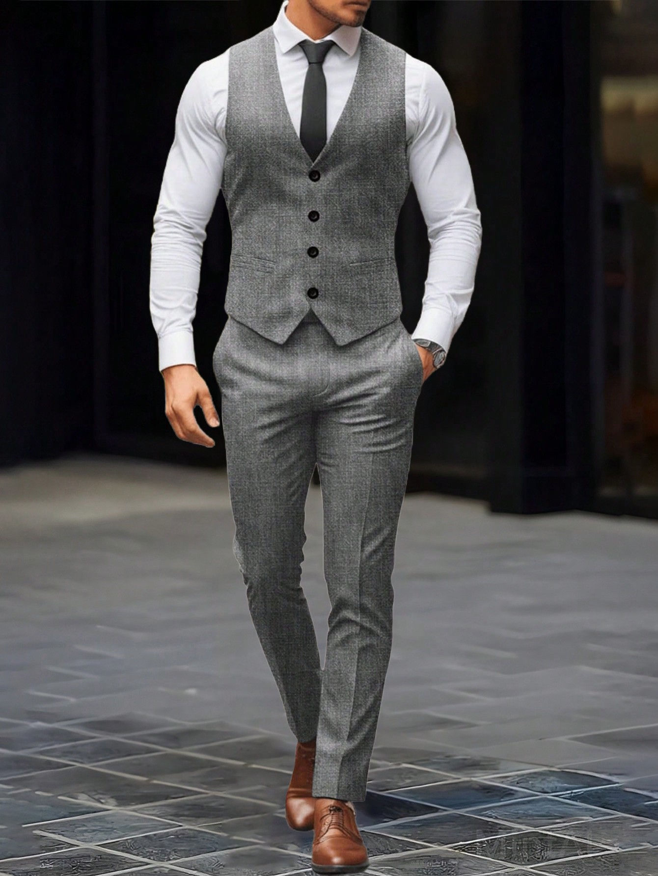 Manfinity Bizformal Men's Single-Breasted Casual Sleeveless Suit Vest And Suit