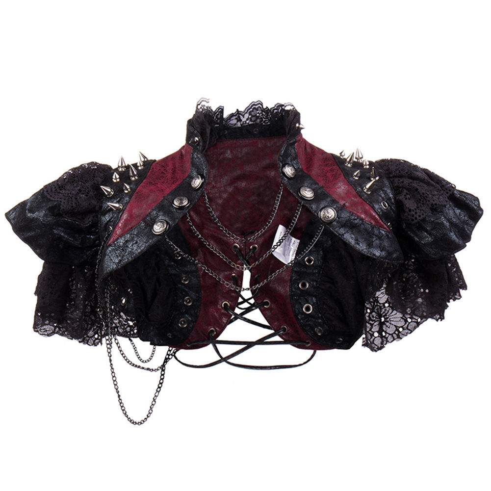 Red Leather & Black Lace Rivets Chains y2k Vintage Jacket Steampunk Costume Wom