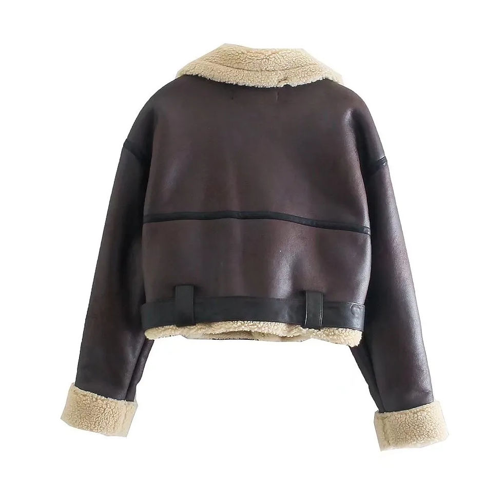 Miniatura: TRAF Winter Women Streetwear Faux Lamb Leather Fur Short Jacket with Belt Moto