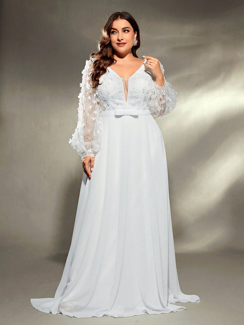 Thumbnail: Mgiacy plus size V-neck three-dimensional embroidery chiffon train wedding dres
