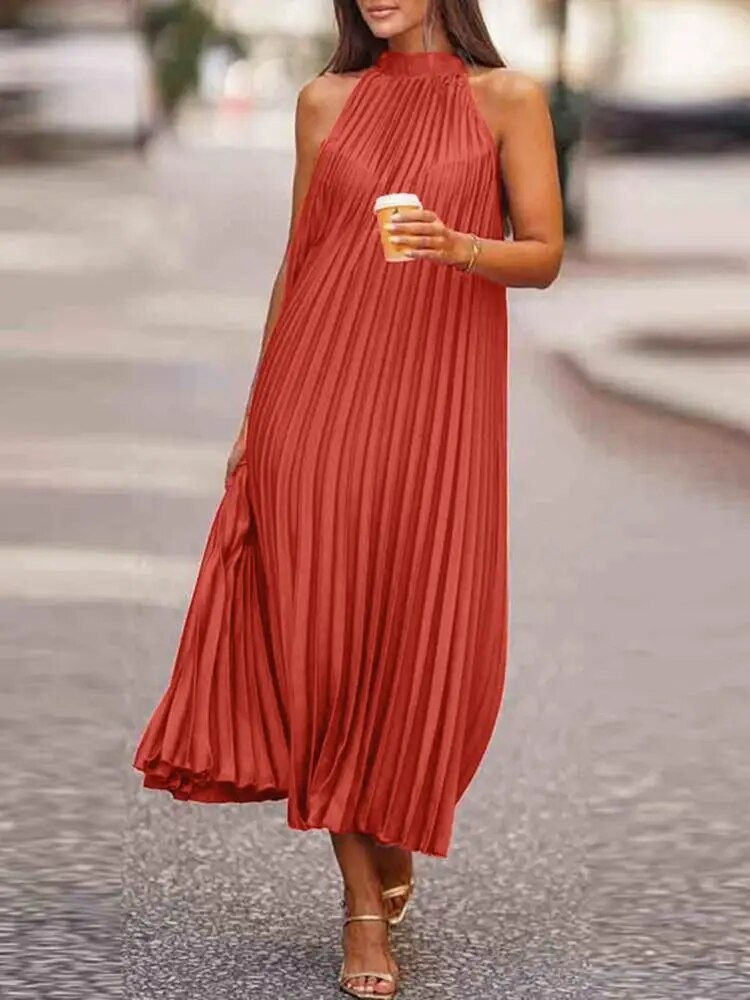 Миниатюра: Vintage Sleeveless Long Dresses Women Halter Neck Sundress ZANZEA Fashion Pleat