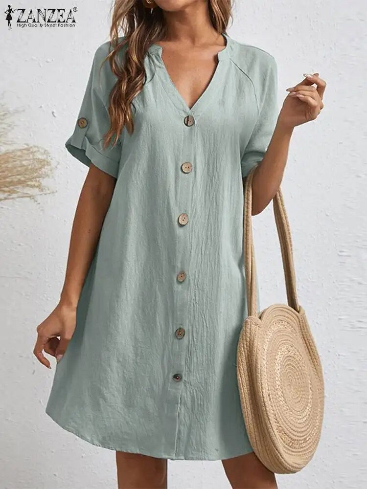 Thumbnail: ZANZEA Elegant Women V Neck Short Sleeve Sundress Summer Fashion Casual Shirt D