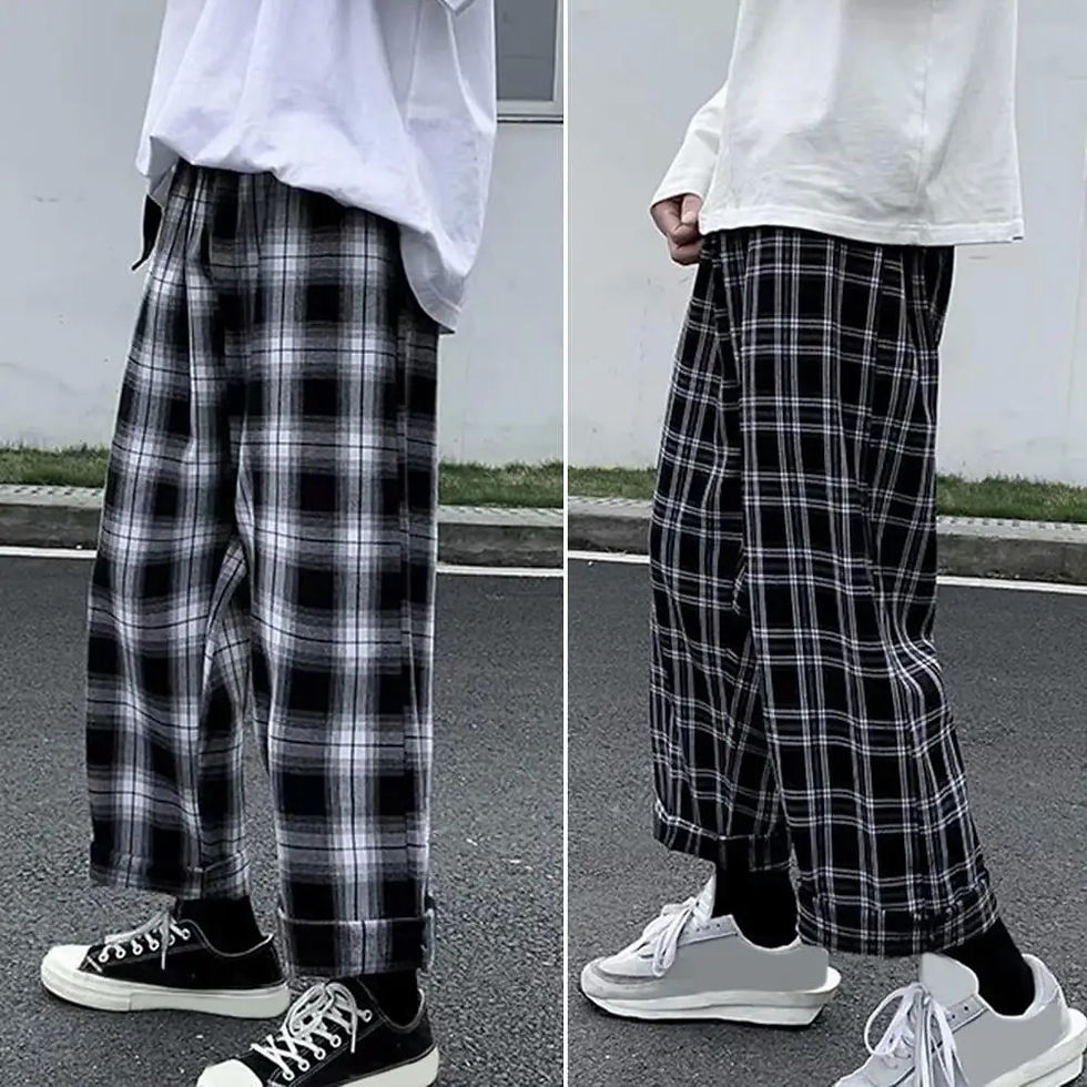 Indexkép: Autumn Men Pants Plaid Streetwear Wide Leg Elastic Waist Loose Sports Pants Tro