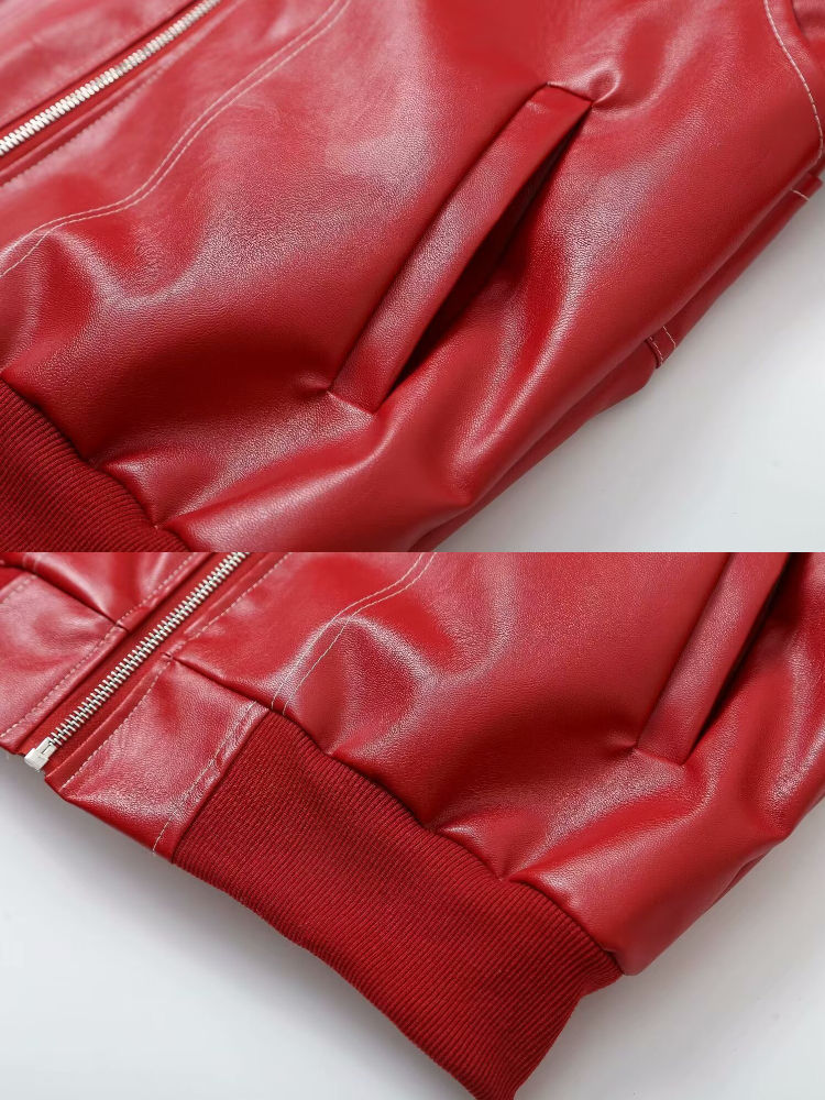 الصورة المصغرة: Woman's Fashion Splicing Oversize Faux Leather Bomber Jacket Coat Lapel Long Sl