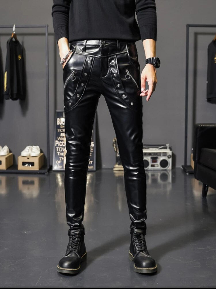 Miniatyrbild: 2022 New Winter Spring Mens Skinny Biker Leather Pants Fashion Faux Leather Mot