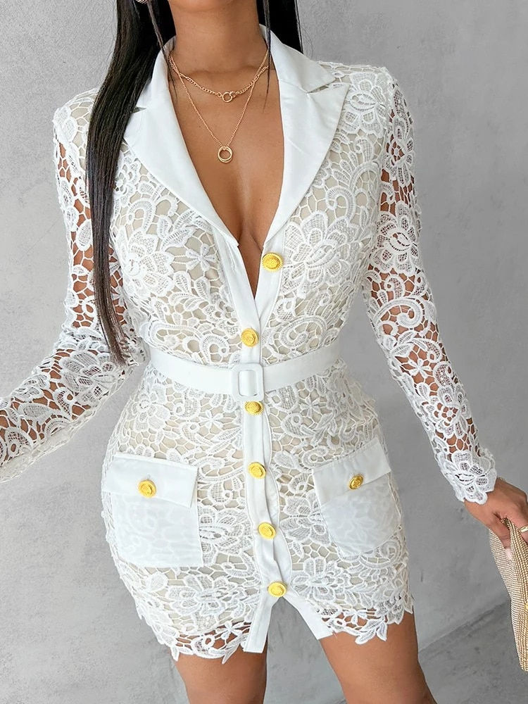 Thumbnail: Women Elegant Dress Offices Hollow Out Pocket Design Button Lace Shirt Dresses