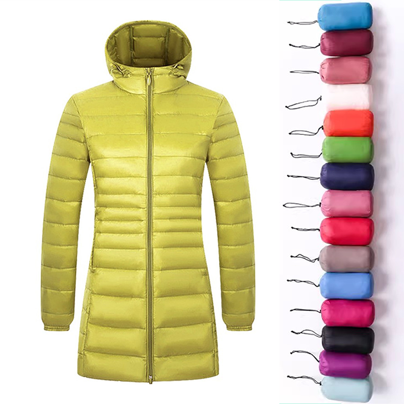 Ladies Long Warm Down Coat with Portable Storage Bag Women Light Down Jacket Wo