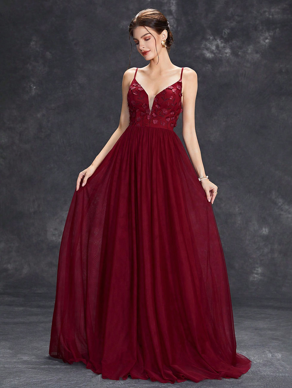 Thumbnail: Floral Appliques Mesh Overlay Cami Wedding Dress