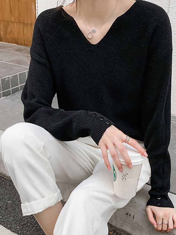 Thumbnail: V Neck Autumn Winter Sweater Pullovers Women 2024 Loose Button Pullover Women S
