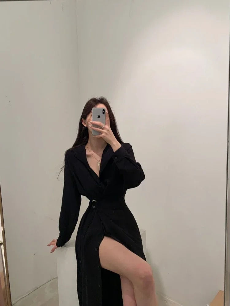 Miniatura: Deeptown Korean Style Black Midi One Piece Dress Women Coquette Shirt Holiday D