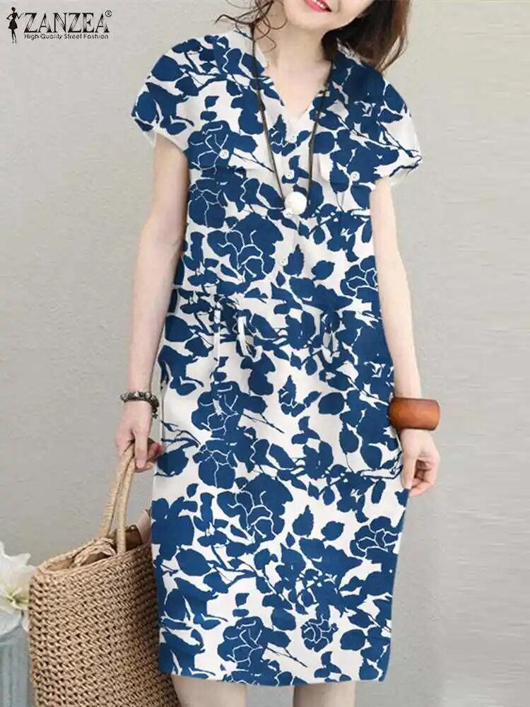 Thumbnail: ZANZEA Summer Short Sleeve Solid Knee-length Dress Fashion Women V Neck Casual