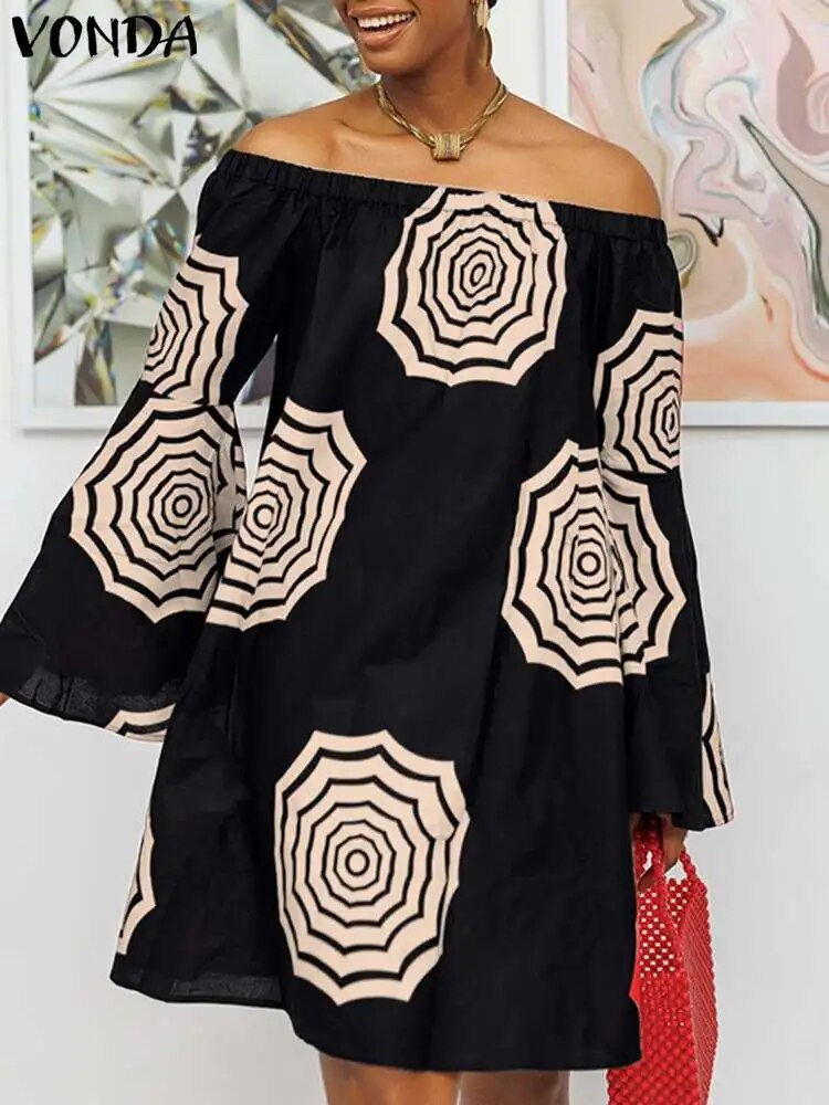 Thumbnail: Plus Size VONDA Women Summer Off Shoulder Dress Bohemian Floral Printed Mini Ve