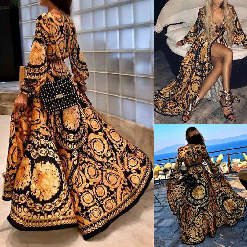 Miniatura: Ladies Women Elegant Sexy Long Sleeve Ethnic Style Boho Print V Neck High Waist