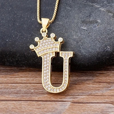 Miniatyrbilde: Nidin New Luxury Copper Zircon A-Z Crown Alphabet Pendant Chain Necklace Hip-Ho