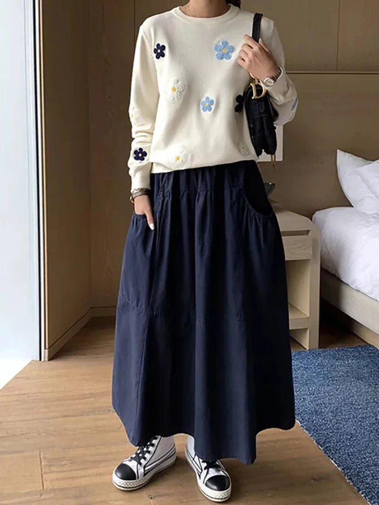 Thumbnail: Korean Floral Embroidery Pullover Sweater High Quality Women Elegant O Neck Kni