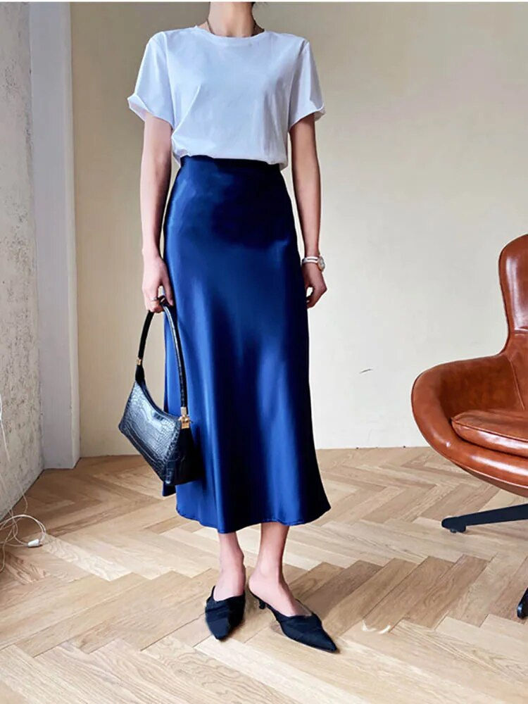 Thumbnail: Silk Satin Skirts for Women Korean Style Champagne Office High Waist A-line Ski