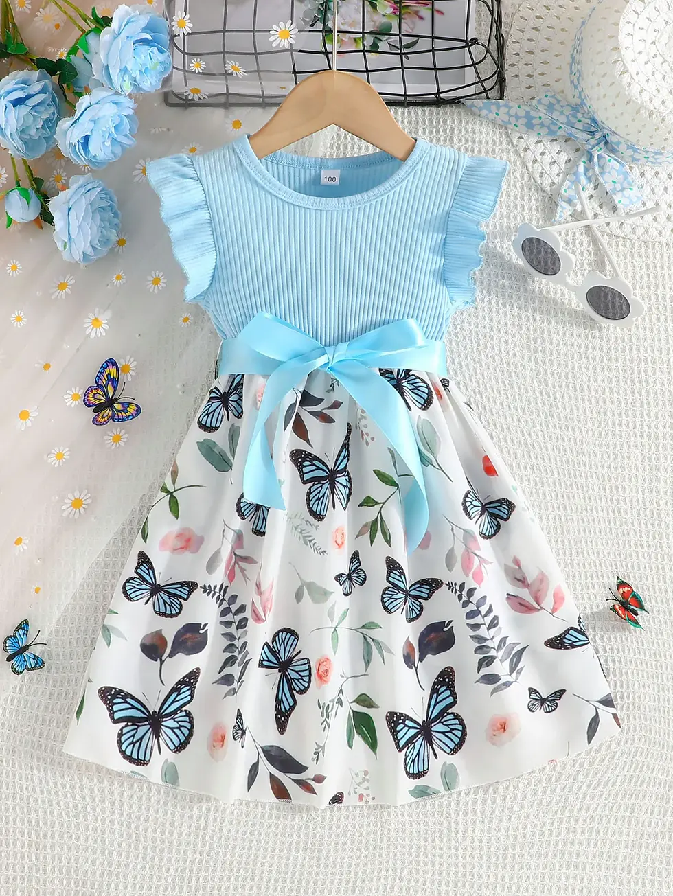 Thumbnail: Set For Kids  Girl 3-7 Years old Ruffled Sleeve Butterfly Floral Tulle Cute Pri