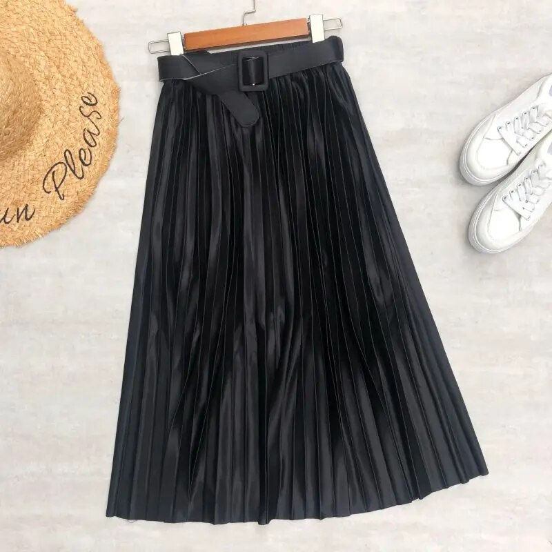 Thumbnail: Seoulish 2023 New Solid Elegant Stain Women's Pleated Skirts with Belted High W
